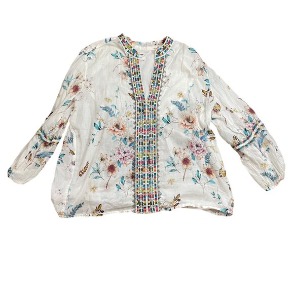 Johnny Was Paris Effortless Blouse Women's Size Large Floral Embroidered Cotton‎